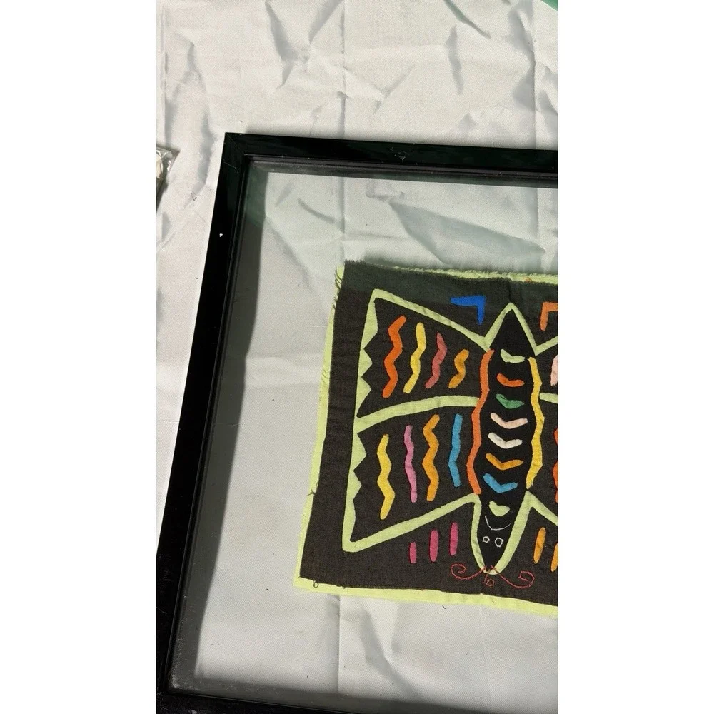 Pair Framed‎ Textile Art Panels Hand Stitched Fabric Folk Style Wall Decor